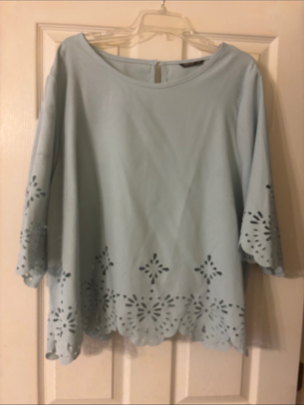 Light Blue Women's Laser-Cut Scallop Hem Top